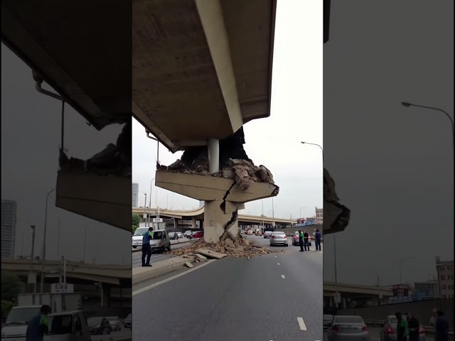 The bridge’s support collapsed after the earthquake, but it was only the outer concrete that hit the car.